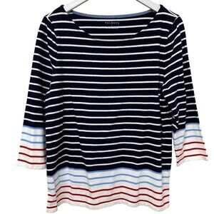 TALBOTS Stripe Tee Size Large Navy Blue Cotton Womens Nautical Top 3/4 Sleeve